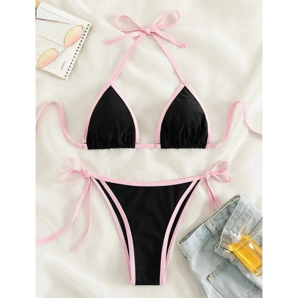 Black String Bikini Set w/Pink Contrast Trim Small